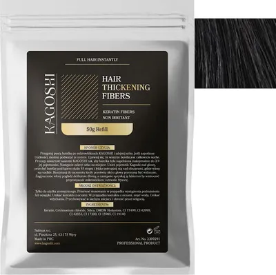 Zdjęcie produktu dla Kagoshi Saszetka Refill 50g Hair Fibers Mikrowłókna do Zagęszczania Rzadkich Włosów Natychmiastowy Efekt Gęstych Włosów CZARNY