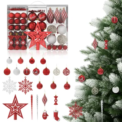 Produktbild von YZNAHRE Weihnachtskugeln Rot 138er Set Christbaumschmuck Weihnachtsdeko Plastik inkl. Christbaumkugeln, Stern, Schneeflocke Weihnachtsdekoration Weihnachtsschmuck