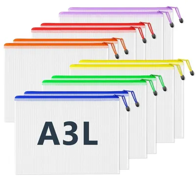 Immagine prodotto di Custodie per documenti formato A3L, confezione da 12 pezzi, impermeabili, in rete, disponibili in 6 colori, con chiusura a zip, realizzate in PVC