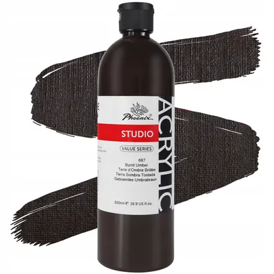 Produktbild von Phoenix Acrylfarbe 500ml – 687 Umbra Gebrannt (Burnt Umber) – Künstlerfarbe Studio Qualität – Dunkelbraun Warm – Wasserfest für Leinwand, Holz, Steine