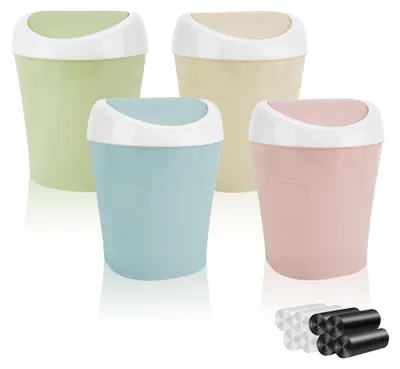 Produktbild von Omgoods – Mülleimer, kompaktes Design – Mini-Mülleimer – Tischmülleimer – Mit Deckel – 4 Stück – 10 x 12 x 17 cm – Papierkorb