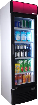 A commercial beverage refrigerator filled with various drinks.