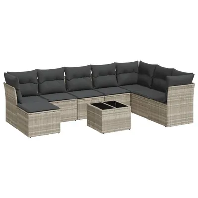 Produktbild von 9-tlg. Garten-Sofagarnitur mit Kissen Hellgrau Poly Rattan