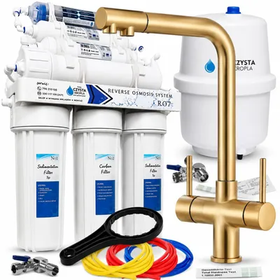 Produktbild von 3 Wege Küchenarmatur Ari Venom 2 mit Wasserfilter Anschluss, ausziehbare Brause, 360 Grad schwenkbar, gebürstetes Gold