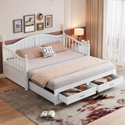 Produktbild von STILVORA Schlafsofa 90/180×190 Jugendbett mit Ausziehbett,Massivholzbett mit römischen Säulen und geschwungener Rückenlehne,mit Schubladen,Weiß