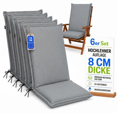 Zdjęcie produktu dla Pillows24 - 6x poduszki na krzesła z wysokim oparciem 120x50x8 cm | Wygodne i odporne na warunki atmosferyczne poduszki na krzesła ogrodowe | Poduszki na siedziska do mebli ogrodowych | Wyprodukowano w UE | Szary