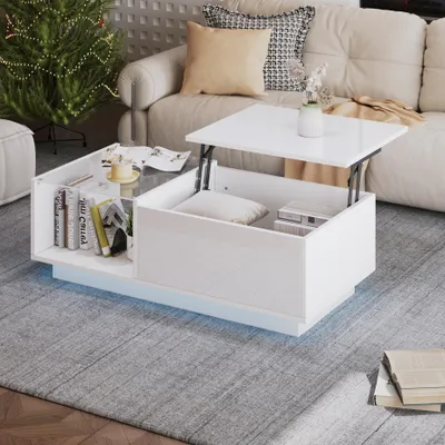 Produktbild von STILVORA Couchtisch Höhenverstellbarer,Wohnzimmertisch Weiß mit Stauraum und AblageKaffeetisch Sofatisch mit LED