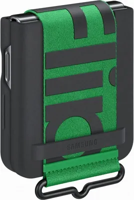Close-up of the back of a black phone case with a green strap and black accents.