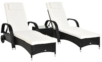 Produktbild von Sonnenliege Gartenliege Tisch 3er-Set Gartenmöbel, Polyrattan+Metall Schwarz+Cremeweiß, 200,0x73,0x103,0 cm, wetterfest, verstellbar
