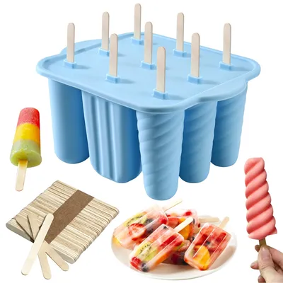 Produktbild von Silikon-Eisformen - 9 Hohlräume für 9 Popsicles inklusive 50 Holzstäbchen - BPA-frei - für hausgemachtes Eis am Stiel
