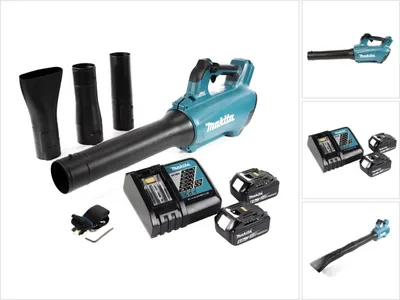 A Makita DUB 184 RG Akku Gebläse 18 V Brushless with two batteries and a charger is displayed on a white background.