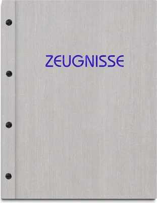 Produktbild von Zeugnismappe im grauen Einband in Leinenoptik, mit hochwertigem Prägedruck in blau – handgefertigte Mappe für Zeugnisse inkl. 12 Sichthüllen