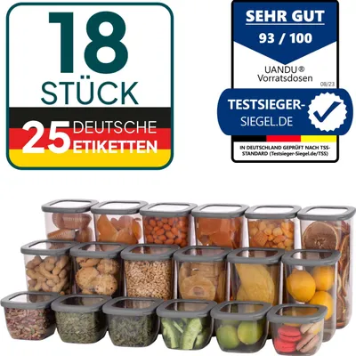 Produktbild von uandu Vorratsdosen mit Deckel Luftdicht Set, BPA frei, Aufbewahrungsbox mit Deckel Küche, Vorratsdosen-Sets, Vorratsdose Küchenorganizer, Vorratsbehälter Mehl Aufbewahrung Küche - 18 Mix/Grau