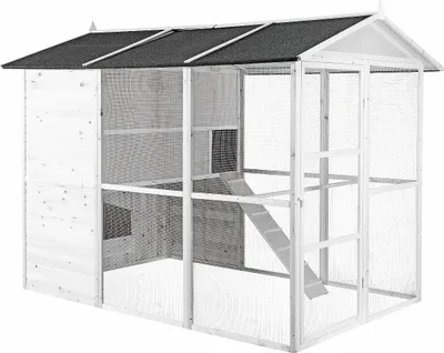 Produktbild von Hühnerstall aus Holz mit Freilaufgehege - für 10 Hühner - 266 x 174 x 205 cm - Weiß - FERAS
