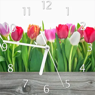 Produktbild von Wallario Design Wanduhr Rote  weiße und pinke Tulpen im Frühling aus Echtglas, Größe 20 x 20 cm