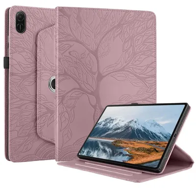 Image de Étui en similicuir à motif d'arbre pour Honor Pad X8a 11 pouces, rotation à 360 degrés, rose