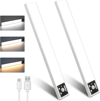 Produktbild von 2 Stück LED Unterschrankleuchten mit Bewegungsmelder 3 Farbtemperaturen USB Aufladbare Untertischleuchten für Küche Schrank Treppe, 20CM
