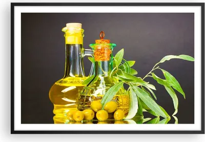 Produktbild von Gerahmtes Poster - Schwarzer Rahmen - Flasche Glas Olive Öl - 91,5x61 cm - Wand Bild - Wanddeko - Wandbilder - Kunstposter - Wandposter - Bilderrahmen - Bilder - Kunstdruck - Wandbild P2BAA91x61-2168