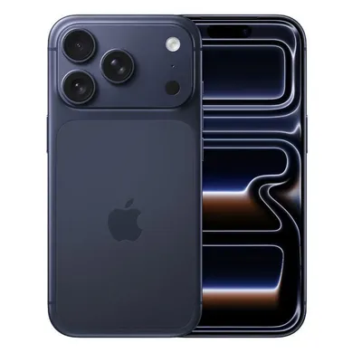 A dark blue iPhone 17 Pro Max is shown from the back and side, with its screen displaying a futuristic interface.
