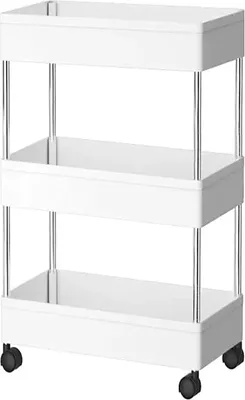 A white three-tier rolling cart on a white background.