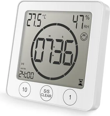 Obrázek produktu pro Digitální teploměr a vlhkoměr do koupelny, digitální hodiny s LCD displejem, dotykovým displejem, funkcí časovače a budíkem do kuchyně a koupelny (bílé)
