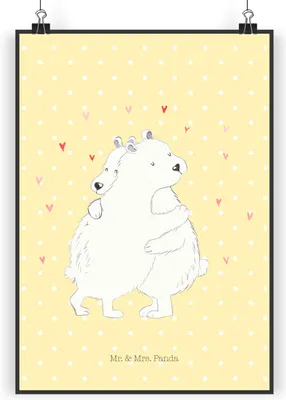 Produktbild von Mr. & Mrs. Panda Bild Eisbär Umarmen DIN A4 - Gelb Pastell - Geschenk, Wanddeko, Wandbild, Lustige Sprüche, Kunstdruck, drucke, poster