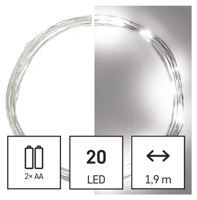Productafbeelding van LED-kerstverlichting, binnen, 20 LED's, koelwit, 2xAA-batterijen, timer, 1,9 meter