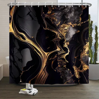Obrázek produktu pro Černozlatá sprchová záclona s abstraktním mramorovým vzorem, 120 x 180 cm, látka do koupelny vhodná k praní v pračce a voděodolná