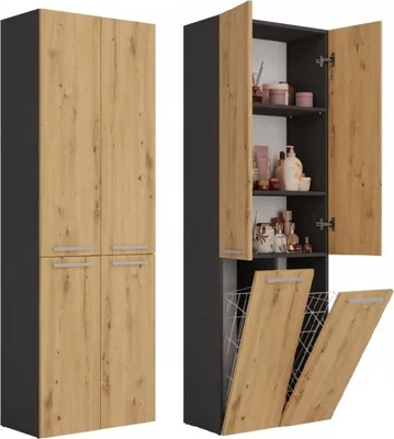 A tall, narrow cabinet with two sections. The top section has two doors, and the bottom section has two doors that open downwards to reveal two baskets.