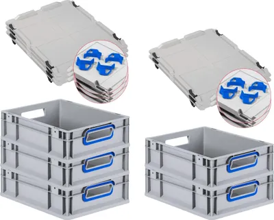 Produktbild von SparSet 5x Eurobox NextGen Color mit Auflagedeckel und Schiebeschnappverschlüsse | HxBxT 12x30x40cm | 11 Liter | Grau | Griffe blau offen | Glatter Boden | Eurobehälter, Transportbox, Transportbehälter, Stapelbehälter