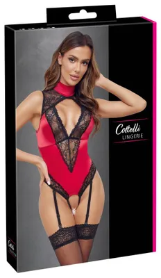 Produktbild von Ouvert Straps-Body mit offenem Schritt und abnehmbaren Strumpfhaltern, Satin-Spitze, Rot-Schwarz