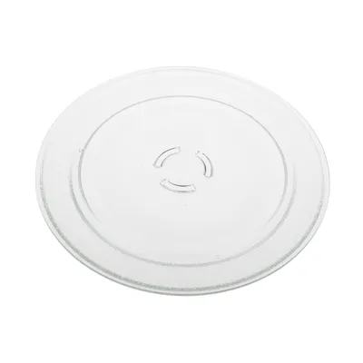 A clear glass turntable plate for a microwave.