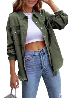 Produktbild von ASKSA Damen Jeansjacke Ripped Vintage Denim Jacken Laessige Boyfriend Jeansjacken Jean Mantel, Armeegruen, XXL