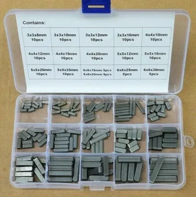 A clear, top-down view of an open plastic organizer box filled with various sizes of metal parallel keys.