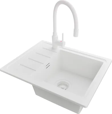 Produktbild von PRIMAGRAN Granitspüle Alles Weiß 55x44cm, Spülbecken 1 Becken + Küchenarmatur 38x14cm + Ablauf-Set, Küchenspüle ab 45er Unterschrank - Kopenhagen Easy