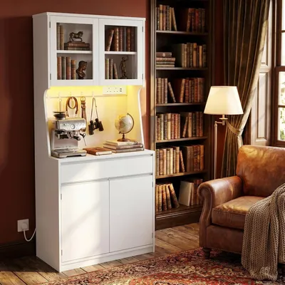 Produktbild von Küchenschränke, Buffetschrank mit Steckdosenleiste | Hochschrank mit LED-Lichtleiste, mit Arbeitsplatte, 4 Staufächern, Küche, Wohnzimmer