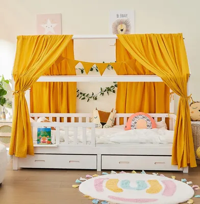 Produktbild von Hausbett CLOUD 90 x 200 cm KOMPLETT Set mit Schublade + Matratze + Vorhang + Musselin Deko Gelb -100%