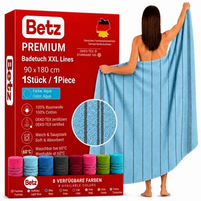 Produktbild von Betz Badetuch XXL Lines 90x180 cm – 100% Baumwolle, weich & saugstark – Strandtuch für Urlaub, Pool, Sauna, Outdoor – modernes Streifendesign - aqua