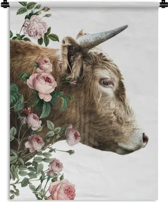 Produktbild von MuchoWow® Wandteppich Wandbehang Schottisches Hochlandrind - Kuh - Blumen 90x120 cm Tapisserie Dekoration Wandtuch - Wanddeko