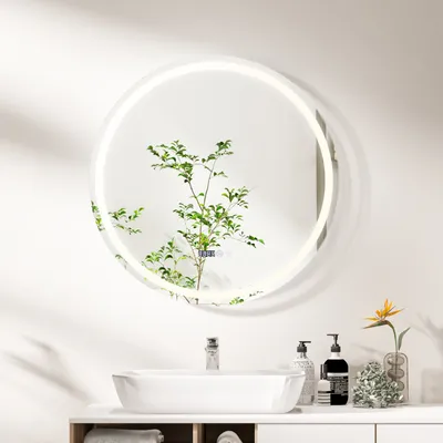A modern bathroom vanity with a sink, faucet, and a round LED mirror reflecting a plant.