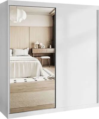 Produktbild von Kleiderschrank BASTER II 200 cm mit Spiegel, Schiebetürenschrank, Weiß / Weiß