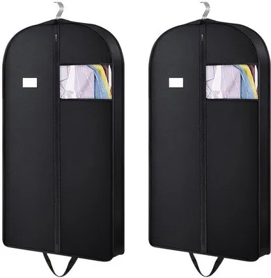 Image de Ensemble de 2 housses de rangement pliables Unyqoos® avec fermeture éclair – en tissu non tissé, avec fenêtre transparente et poignées renforcées, couleur noire, pour un stockage sans poussière des costumes et des robes