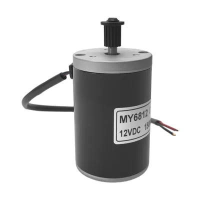 A close-up studio shot of a brushed electric motor with a pulley on top and wires extending from the side.