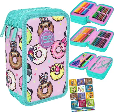 Produktbild von Federtasche 3-fache Federmappe Happy Donuts Federmäppchen 46-teilig gefüllte Schüleretui  inkl. Aufgabenheft Federbox Etui Stiftetasche Schlamper-Etui