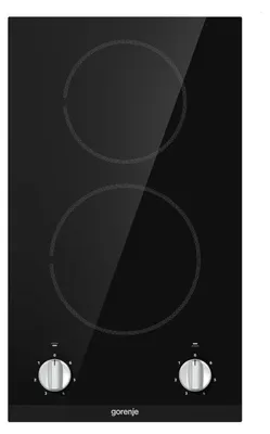 A top-down view of a black electric stovetop with two heating elements and two control knobs.