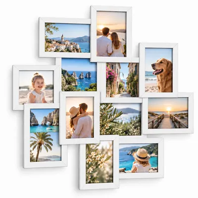 Productafbeelding van Relaxdays fotolijst collage, voor 12 foto's van 10x15 cm, fotocollage, voorgemonteerd, afmetingen 64,5x62 cm, wanddecoratie, materiaal: MDF, kleur: wit, AI-gegenereerde afbeelding