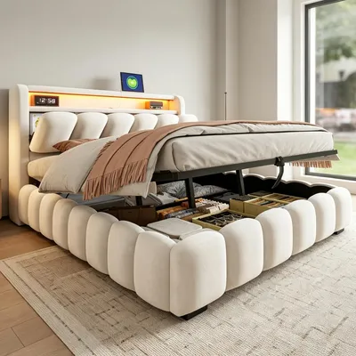 Immagine prodotto di Letto imbottito 180x200 cm con illuminazione a LED, presa di corrente e vano contenitore a sollevamento idraulico, rivestito in velluto, testiera con spazio contenitivo, rete a doghe, colore beige
