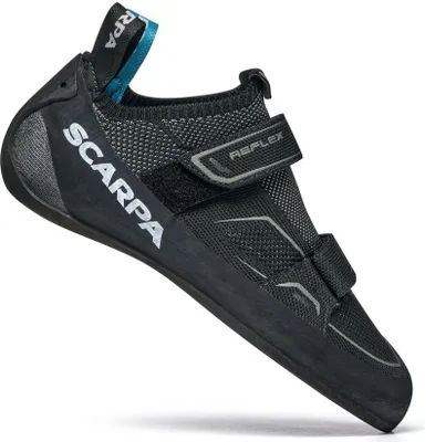 Flache Reflex V Kletterschuhe von Scarpa; schwarz mit Klettverschluss; ideal für Kletteraktivitäten.