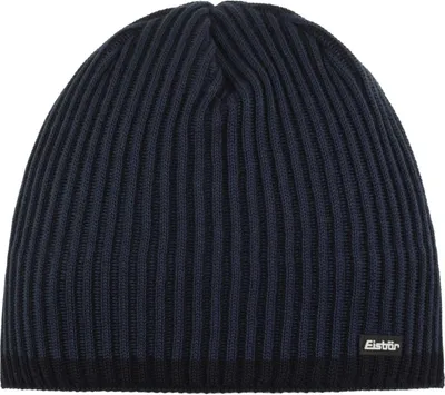 A dark blue knit beanie is shown from the front against a white background.
