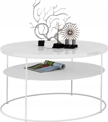 Zdjęcie produktu dla Okrągły Stolik Kawowy z Półką Salon Loft Metal 75x75x43 Biały+Biały Połysk